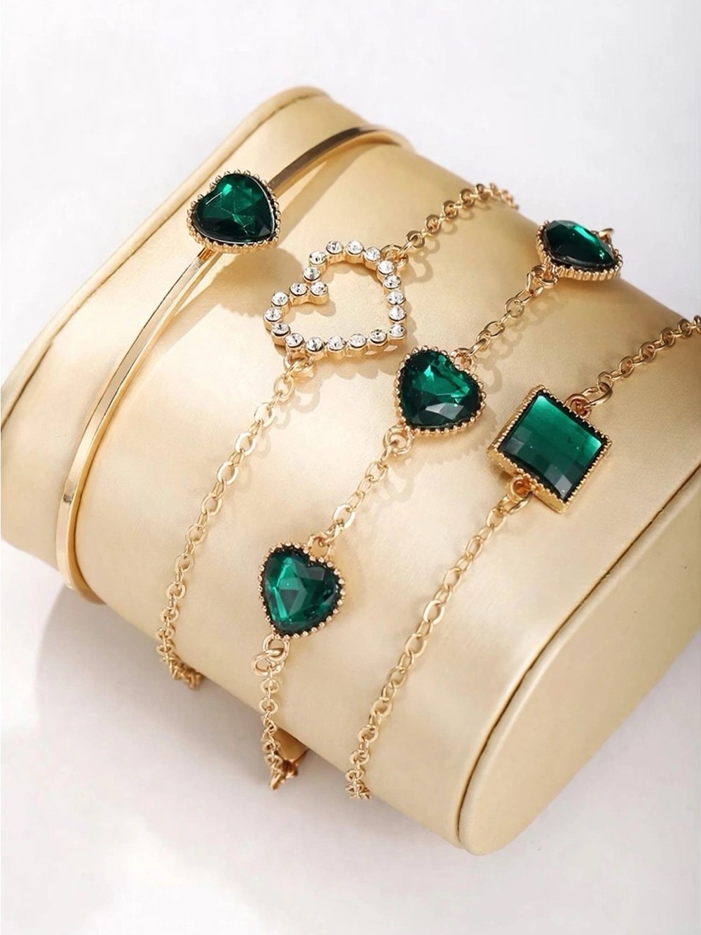 Gold-Tone Watch and Jewelry Set with Emerald Green Crystals - Picture 4 of 6
